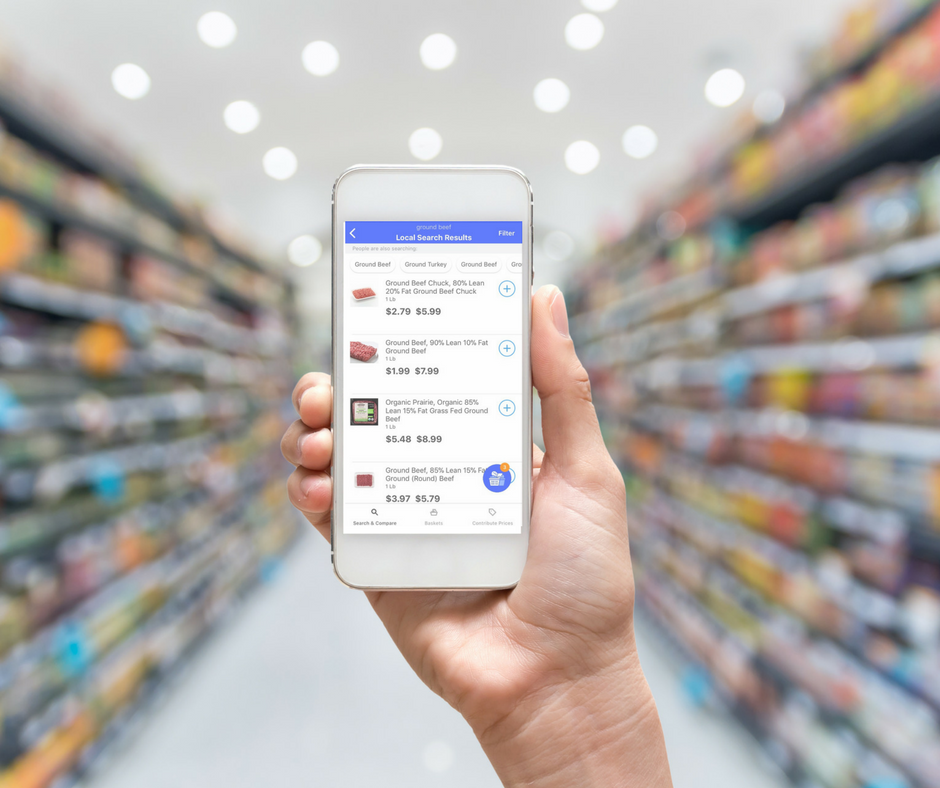 Grocery shopper using the Basket app to find sales