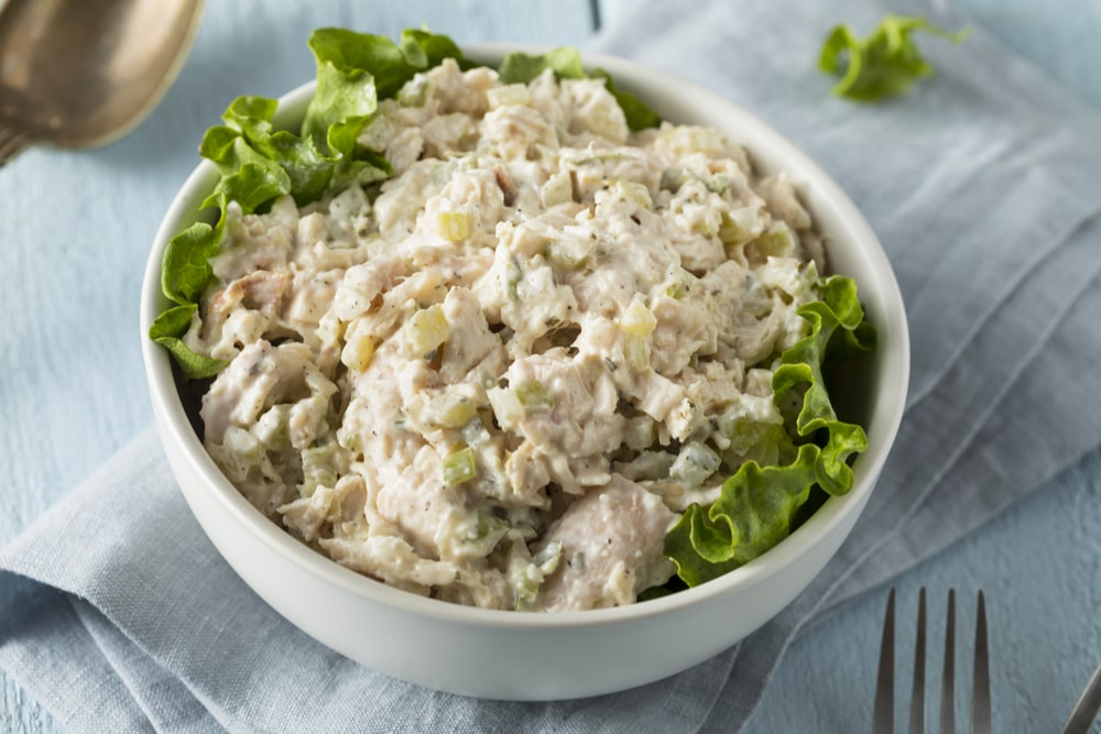 Bowl of chicken salad made with ranch seasoning